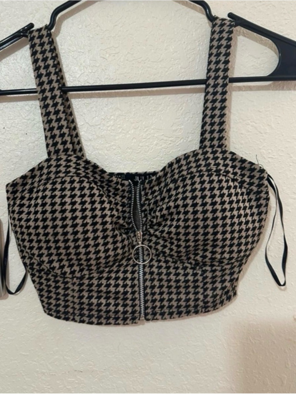 Houndstooth Zip-Front Crop Top - Black & Cream Sz S